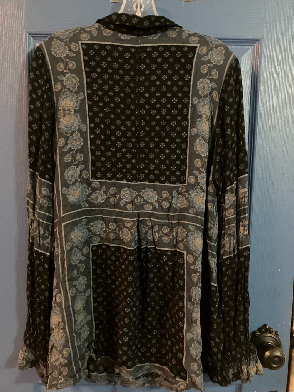 Free People Black and Blue Floral Patchwork Blouse